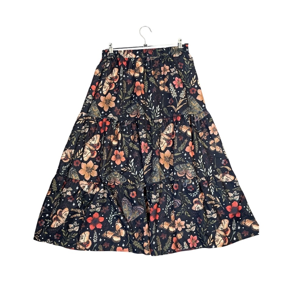 Romwe Womens Medium Butterfly Floral Tiered Maxi Skirt Black Boho Whimsigoth M